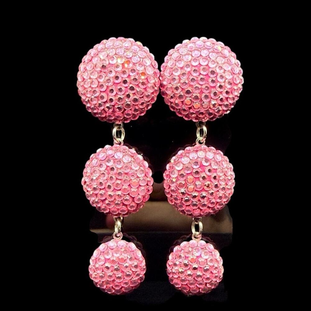 Y2K Pink Triple-Drop Crystal Disc Earrings 3”